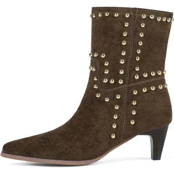 Women's Pointed Toe Low Kitten Heel Booties Slip On Rivet Ankle Boots Brown - Picture 3 of 7